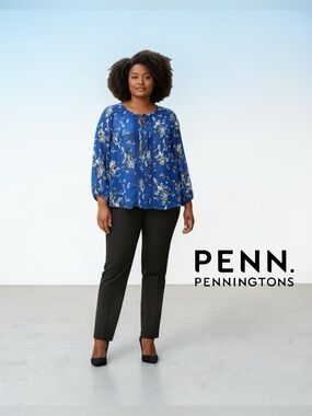 Penningtons, Plus Size X, Blue Floral Blouse Lace Detail Flowing, Chic Top